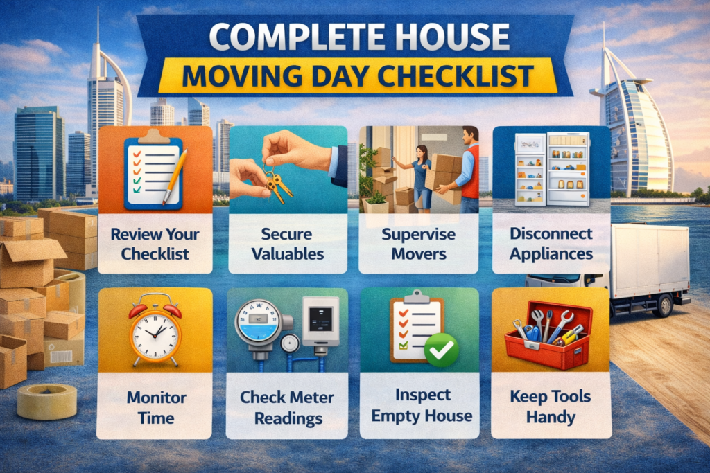 Moving day checklist with Dubai skyline Complete House Moving Day Checklist
