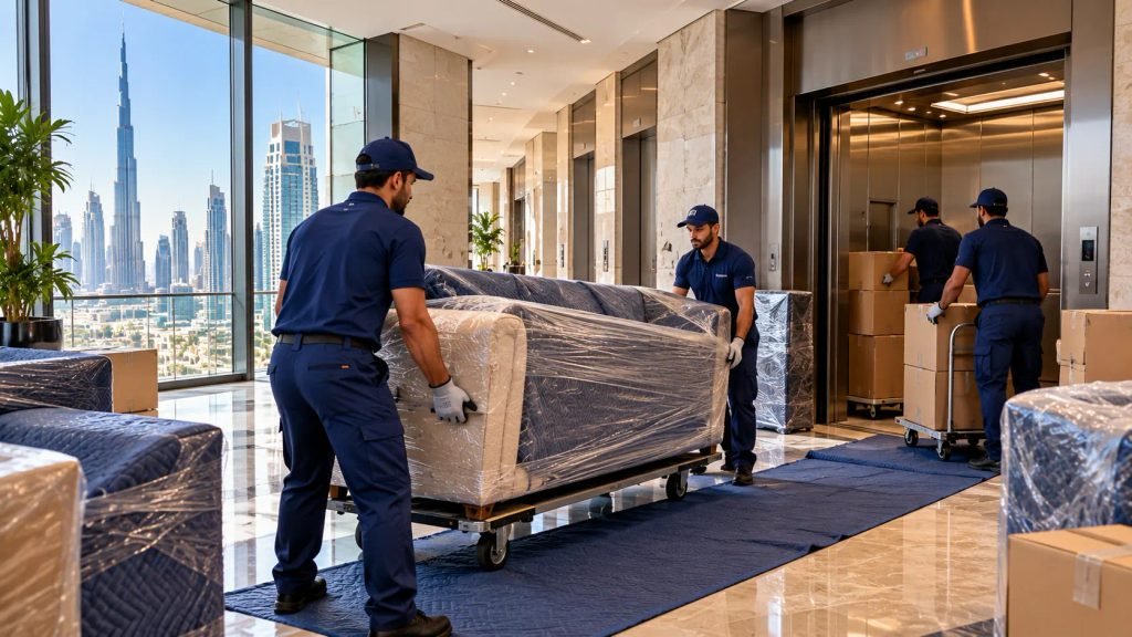 Professional movers handling furniture inside a Downtown Dubai high-rise building