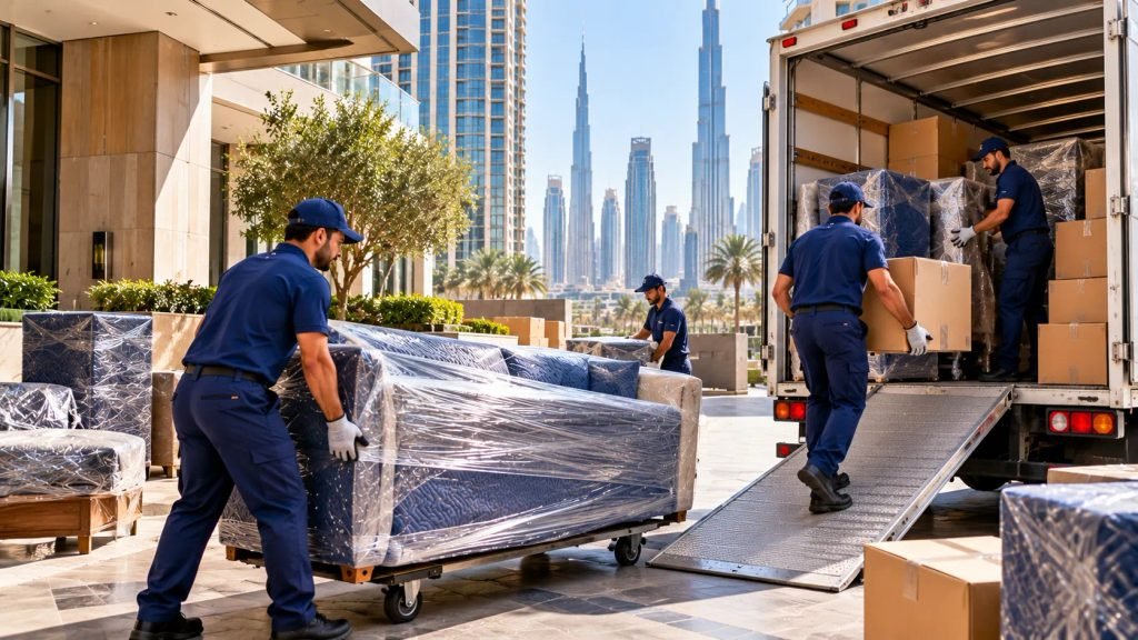 Professional movers loading furniture into a moving truck in Downtown Dubai