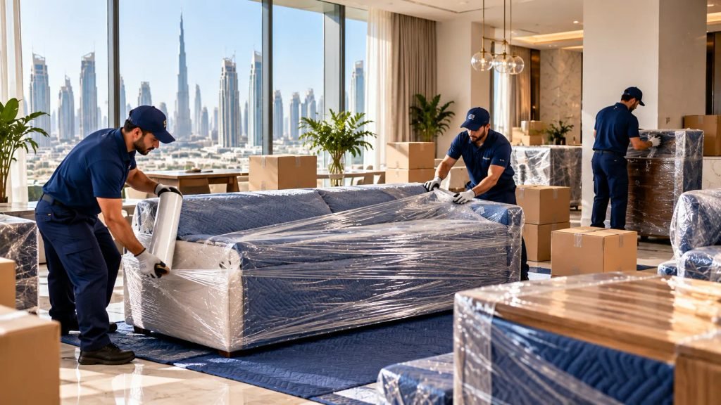 Professional movers wrapping furniture for a Downtown Dubai apartment move