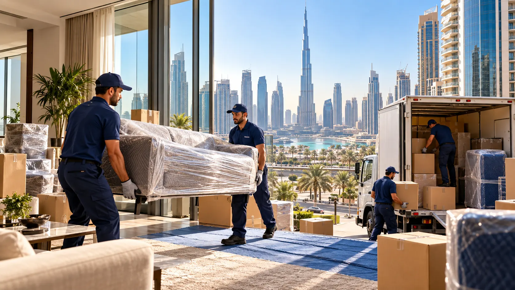 Professional movers moving furniture from an apartment in Downtown Dubai