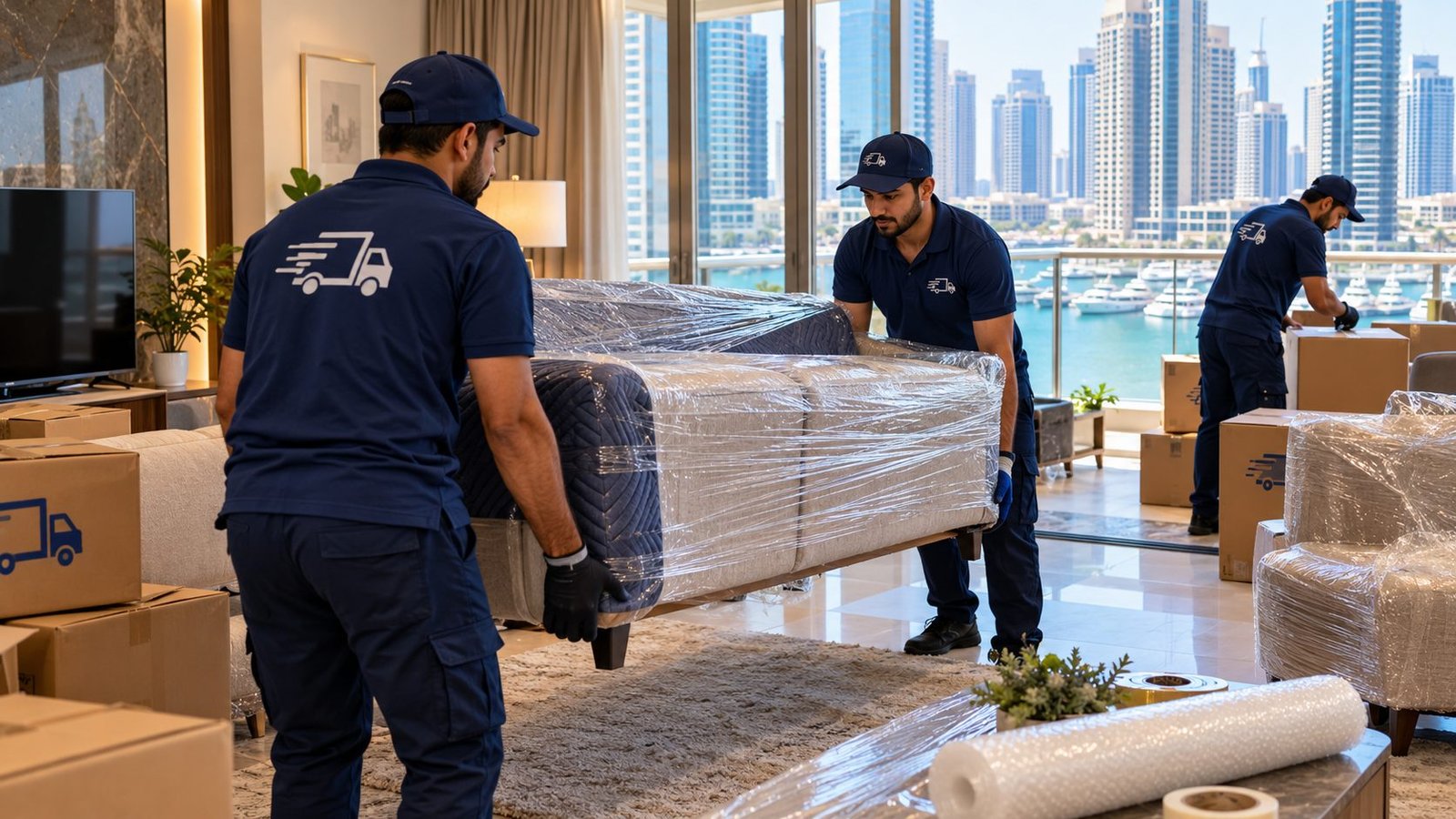 Professional movers handling protected furniture in a Dubai Marina apartment