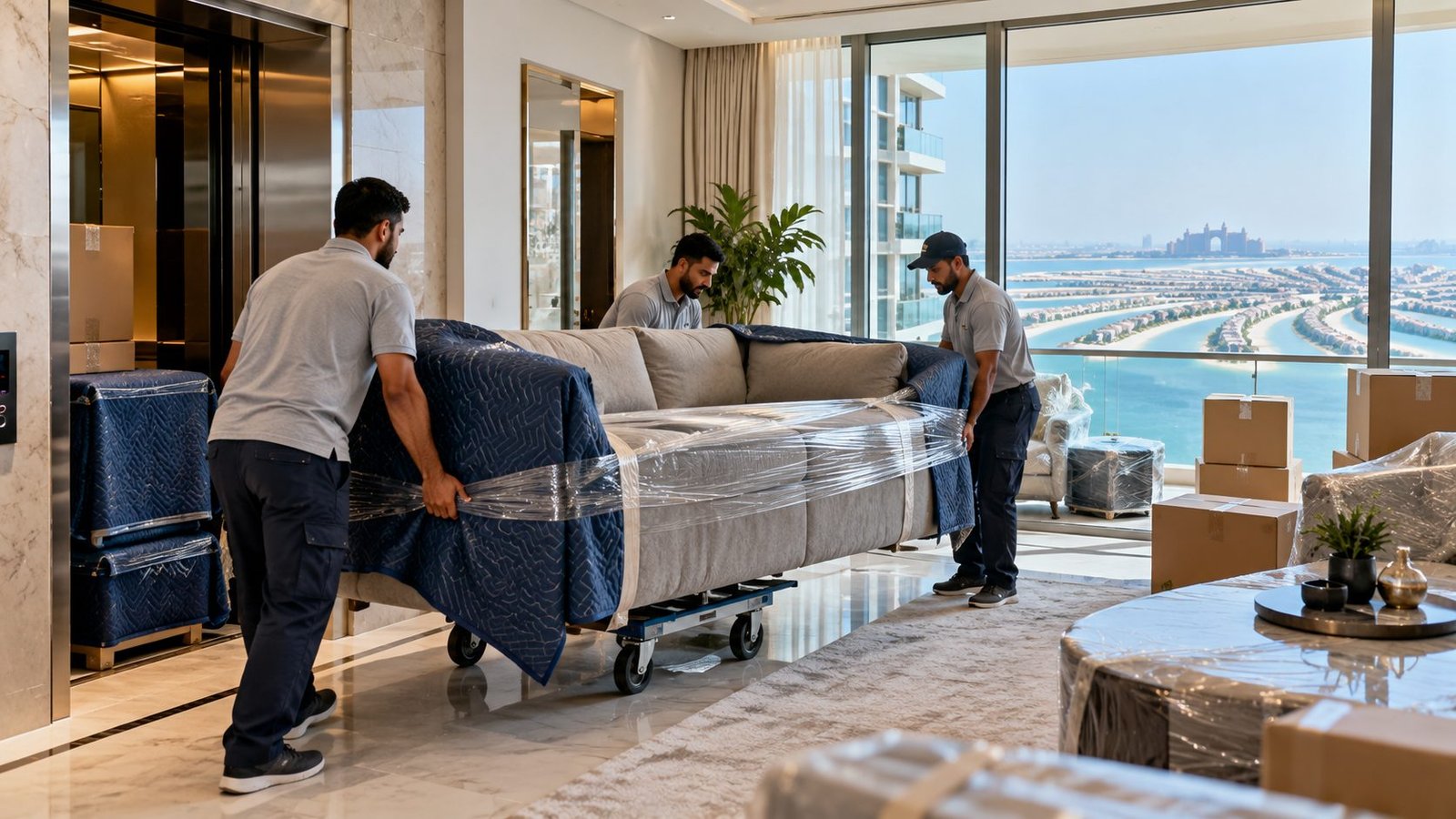 Professional movers carrying protected furniture into a Palm Jumeirah apartment