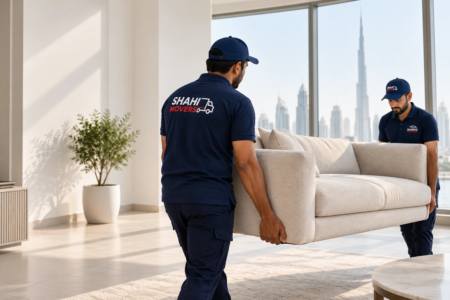 Professional Movers in Dubai – Shahi Movers Professional movers carefully carrying a sofa in a Dubai apartment