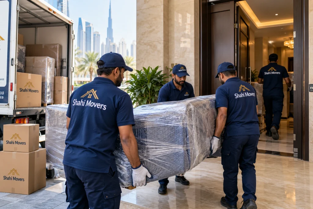 Professional movers handling wrapped furniture during a Dubai move